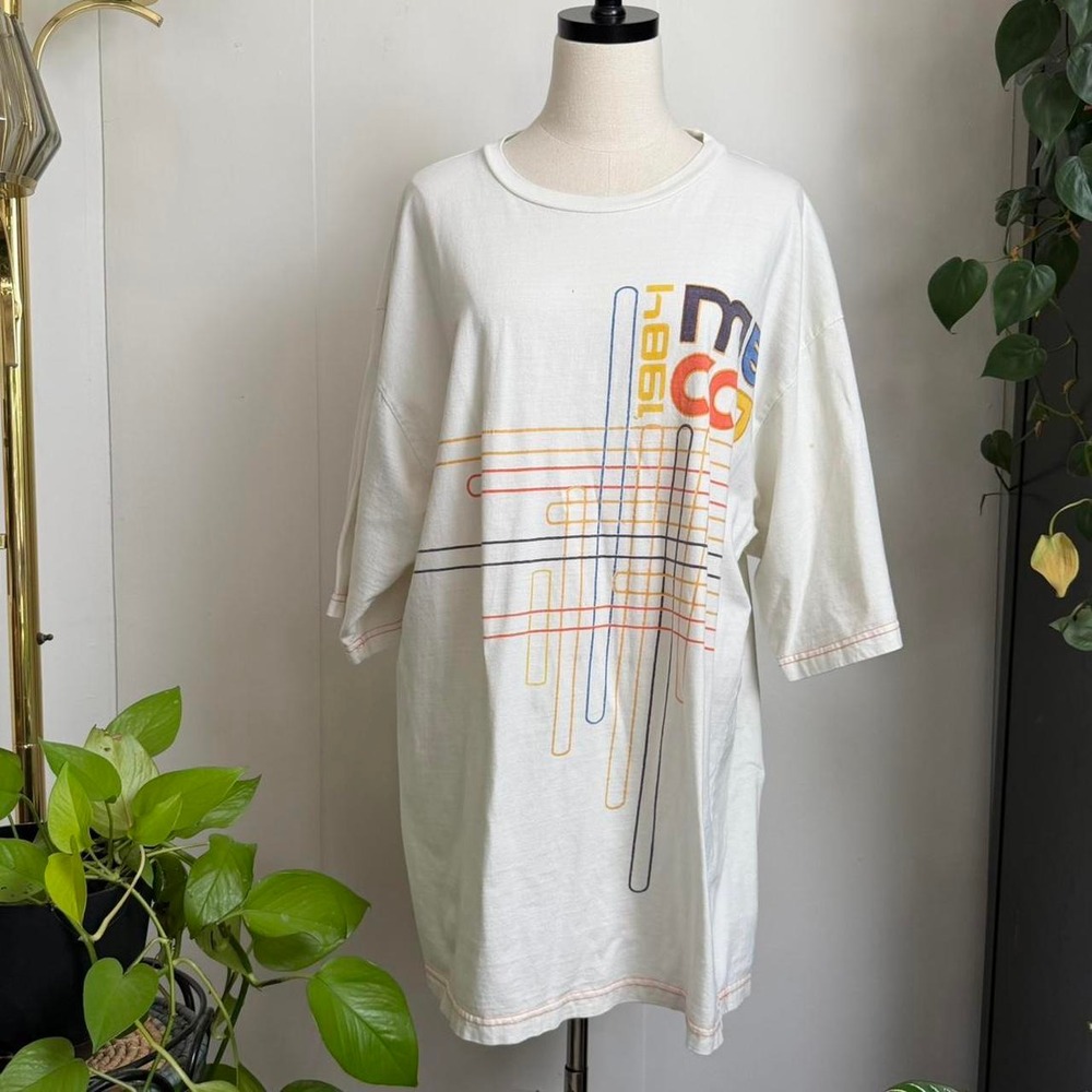 Vintage 90s Mecca Graphic Tee White Blue Orange Stripe Logo Oversized Mens 2XL